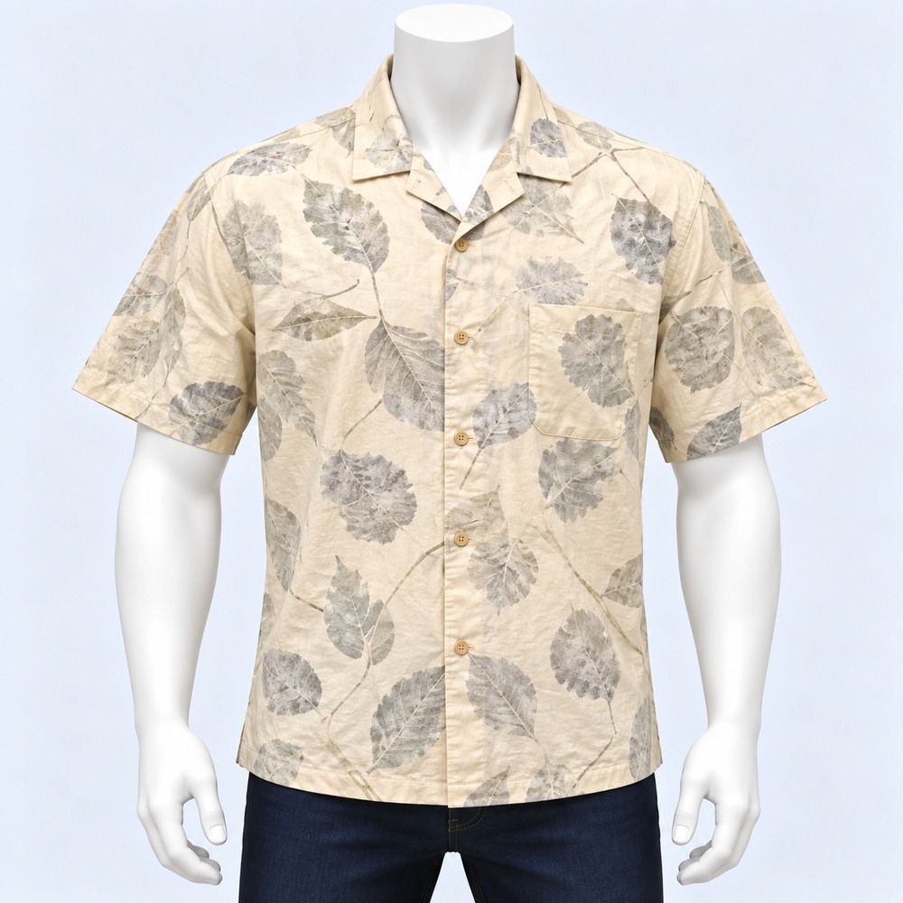 Axist Button Down Shirt Mens XL Beige Silk Short Sleeve Fingerprint Print
